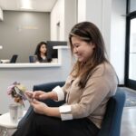 dental patient using tablet to register her visit at Crescent Dental Studio